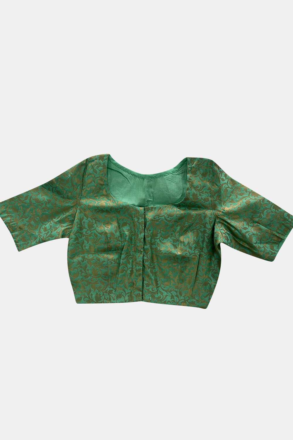 Naidu Hall V Neck Princess Cut Elbow Sleeve Back Open Brocade1 Saree Blouse - Green - BU12