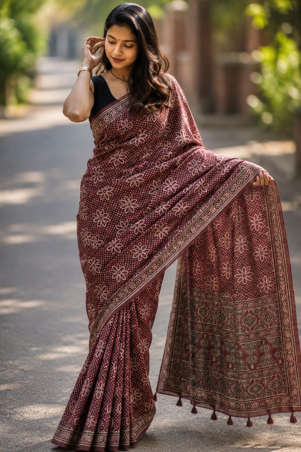 Women's Art Silk Tussar Silk Printed Saree with Blouse | Designer Ethnic Saree for Women | Festive, Wedding & Traditional Wear - Maroon - 4338