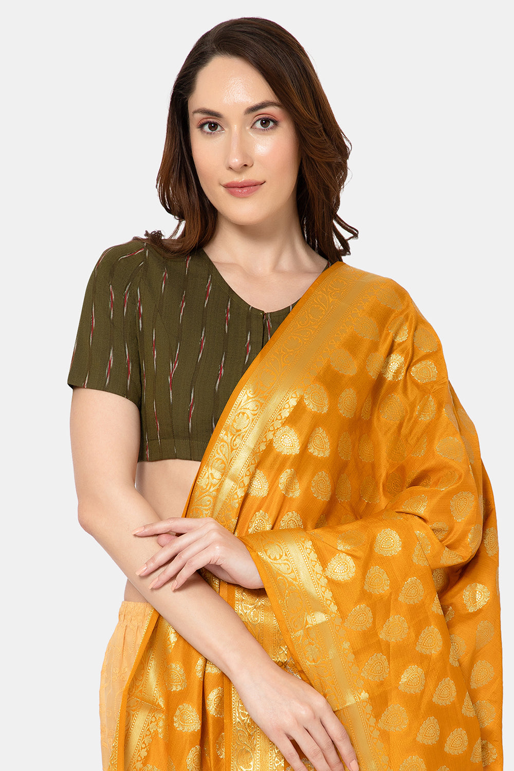 Naidu Hall Women’s Designer Cotton Ikat Blouse V-Neck Front Open with Elbow Sleeves - Olive - BU16