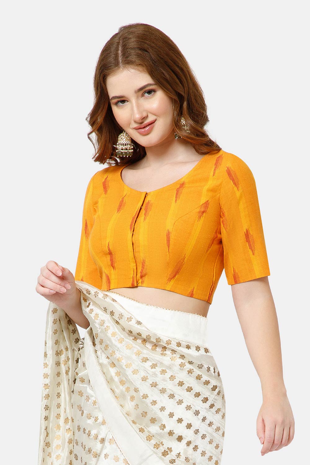 Naidu Hall Women’s Cotton Blouse | Woven U-Neck Ethnic Blouse with Elbow Sleeves & Front Closure - Orange - BU17