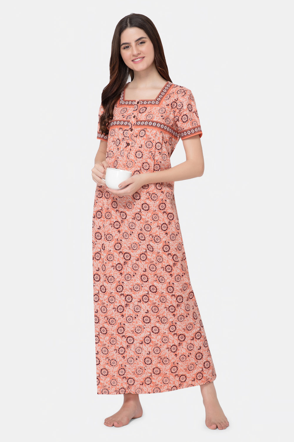 Naidu Hall Square Neck Half Sleeve Front Button Open Nighty - Peach - NT10