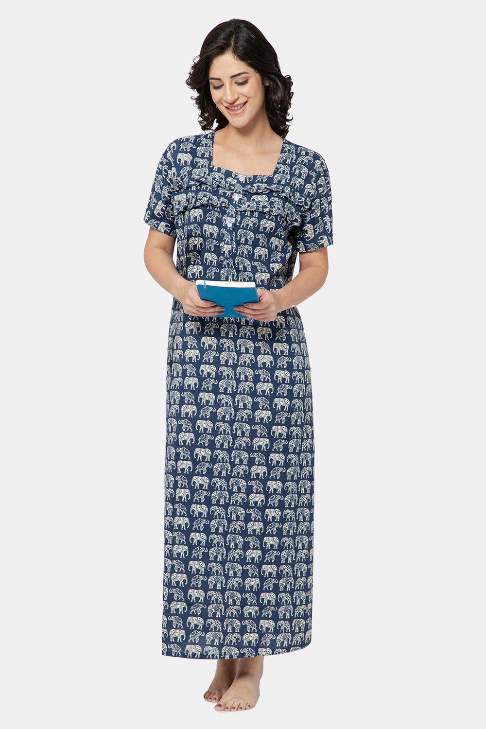 Naidu Hall  Women's Printed A-Line Nighty with Square Neck and Ruffle Detailing - Dark Blue - N104