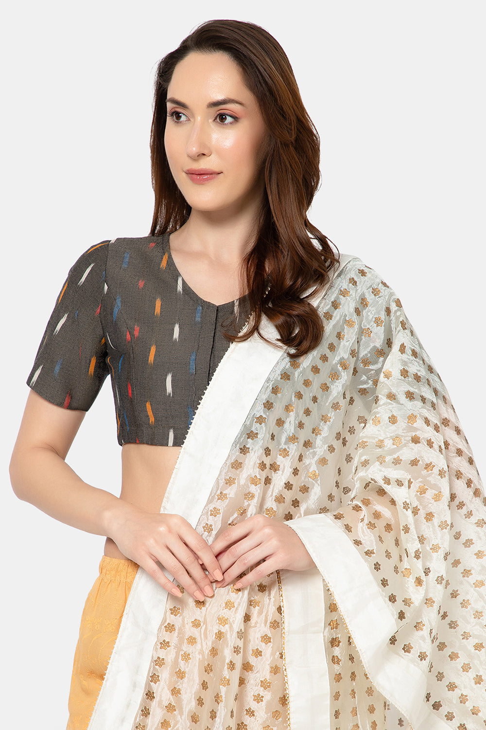 Naidu Hall Women’s Designer Cotton Ikat Blouse V-Neck Front Open with Elbow Sleeves - Blackprint 2 - BU16
