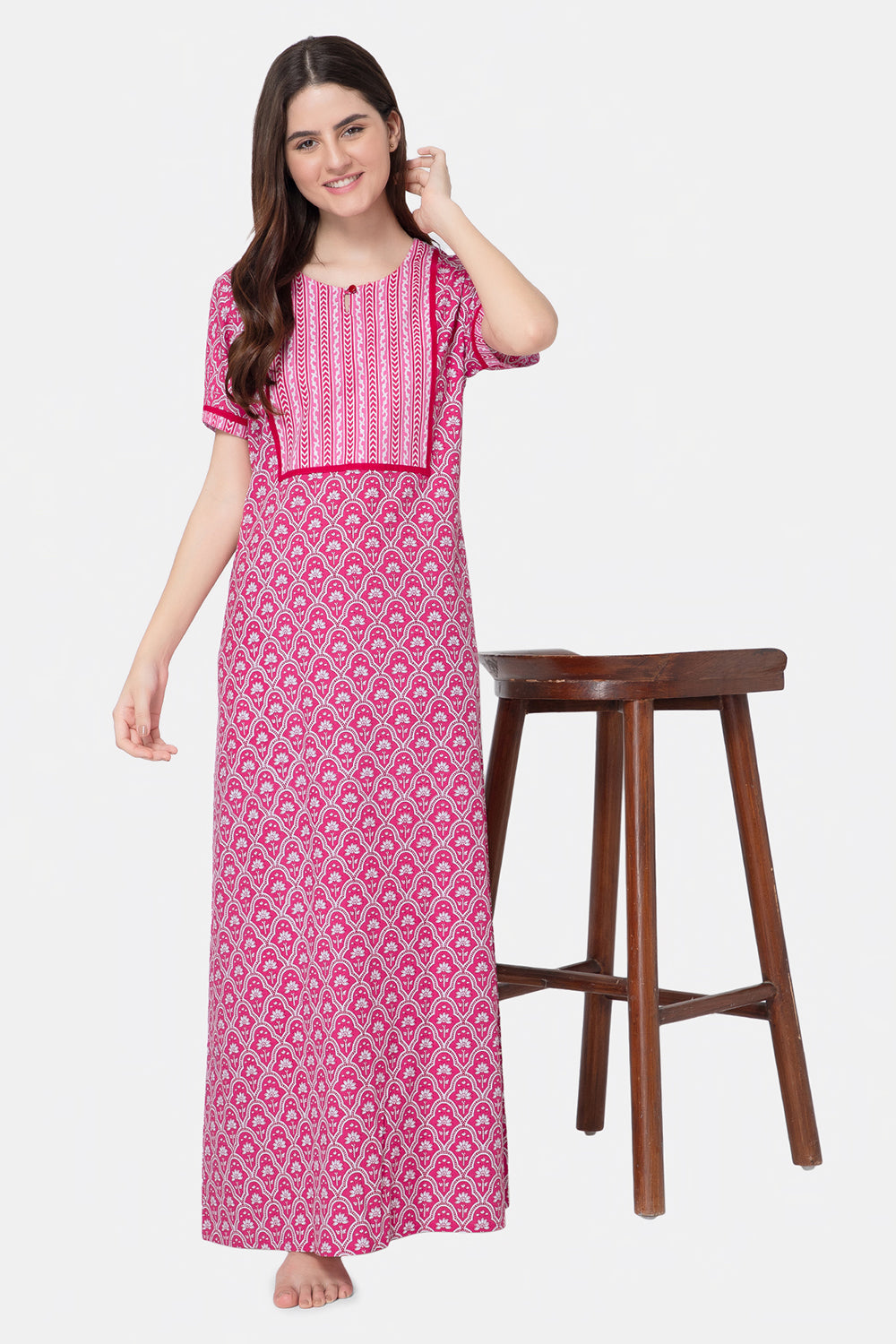 Naidu Hall Round Neck Half Sleeve Pull-On Nighty - Pink - NT22