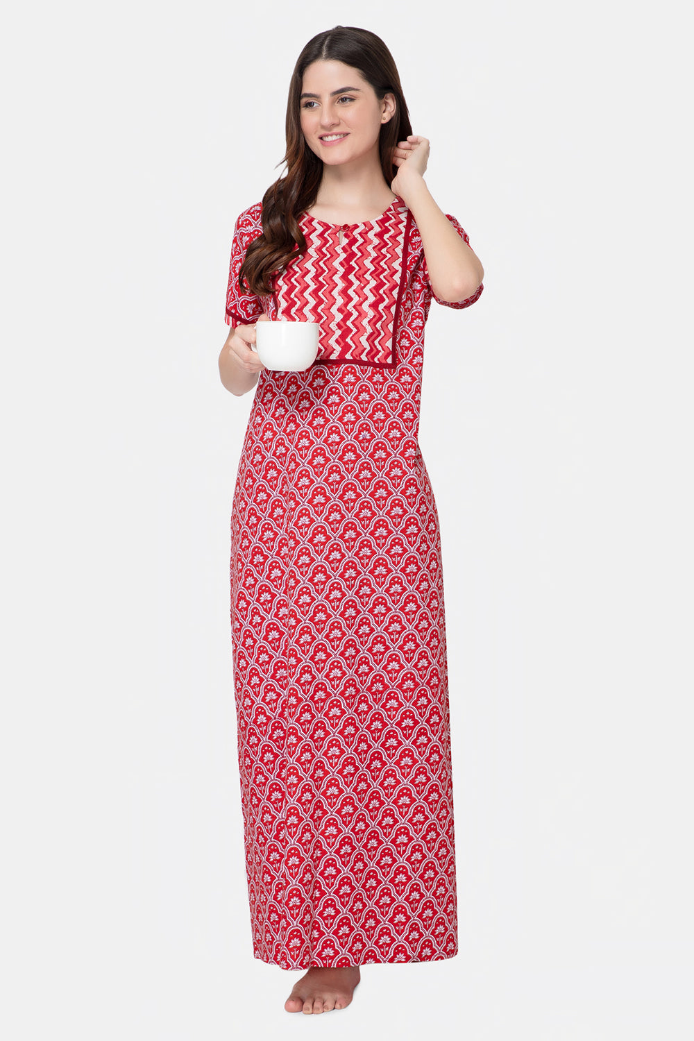 Naidu Hall Round Neck Half Sleeve Pull-On Nighty - Red - NT24