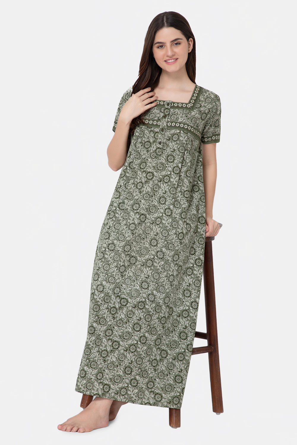 Naidu Hall Square Neck Half Sleeve Front Button Open Nighty - Green - NT09