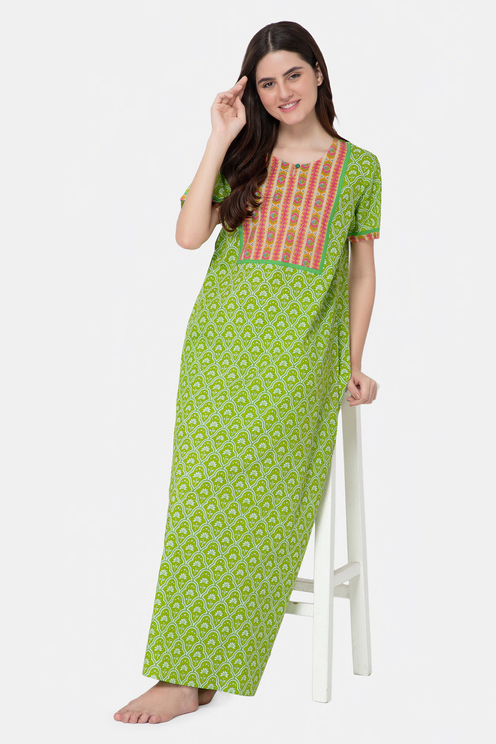 Naidu Hall Round Neck Half Sleeve Pull-On Nighty - Green - NT17