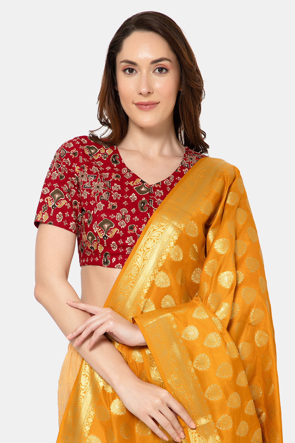 Naidu Hall Women’s Designer Cotton Ikat Blouse V-Neck Front Open with Elbow Sleeves - Red - BU16