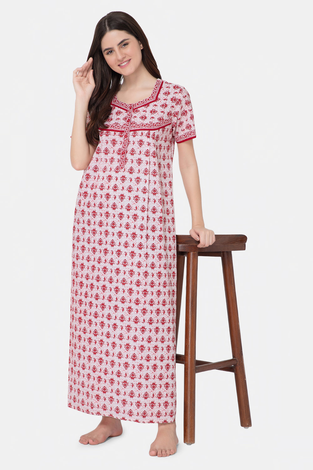 Naidu Hall Round Neck Half Sleeve Front Button Open Nighty - Red - NT07