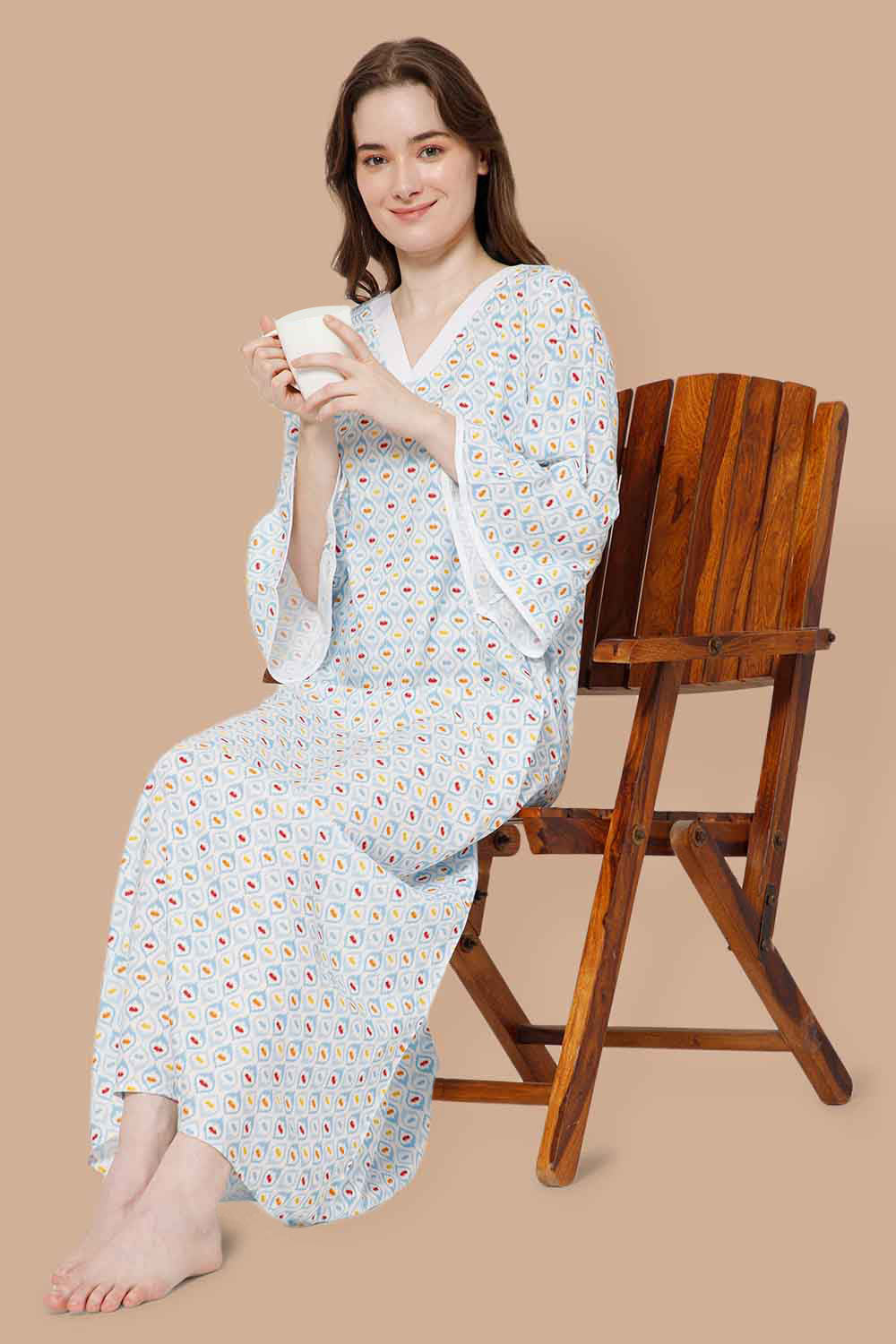 Naidu Hall V Neck Cotton Printed Nighty with Long Bell Sleeves - Sky Blue - NT40