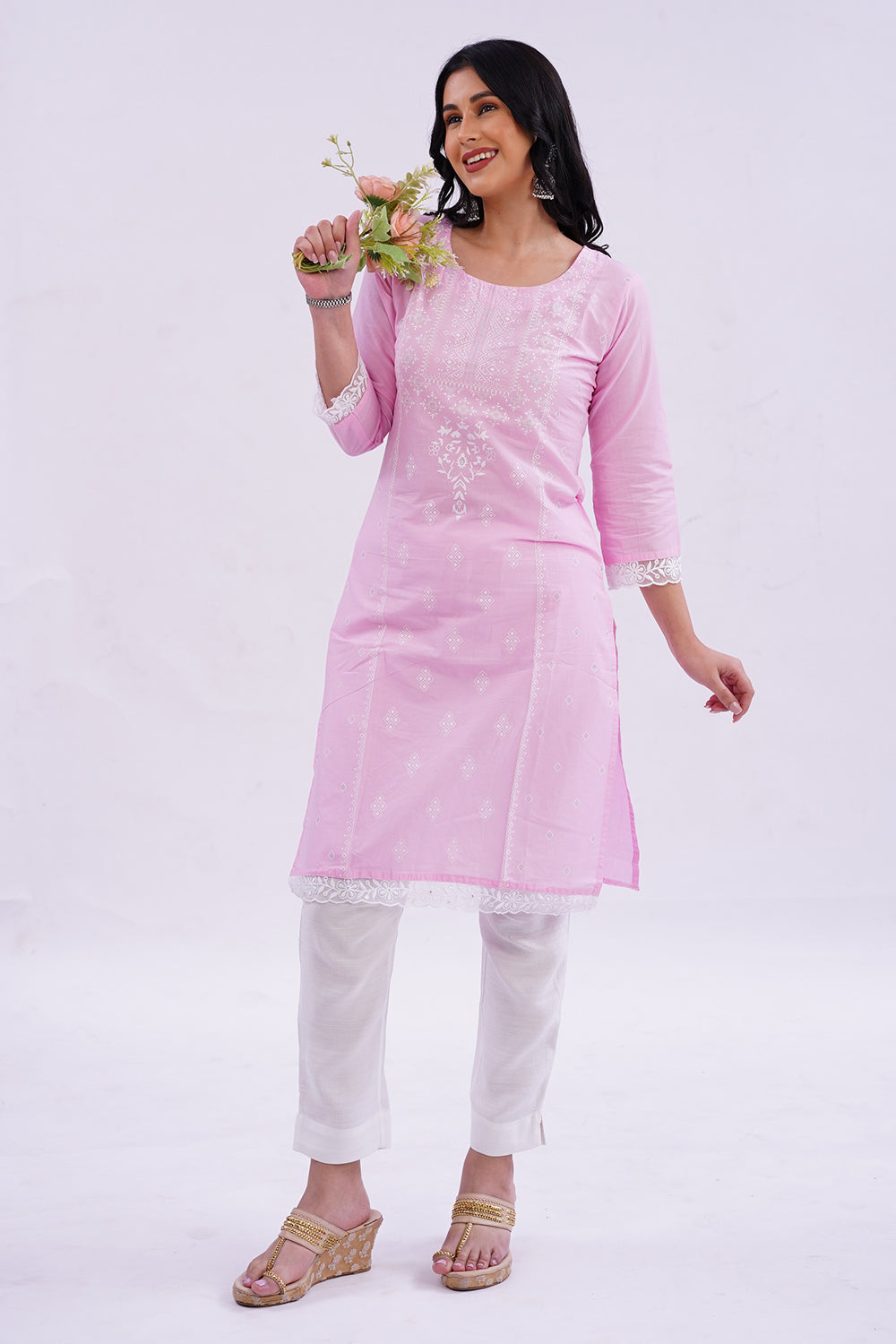 Mythri Round Neck with 3/4  Sleeves Straight Kurta - Pink - KU06