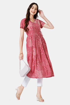 Mythri Women's Ethnic Wear V Neck Anagarkha Kurta with Fabric tassels - Magenta - KU42