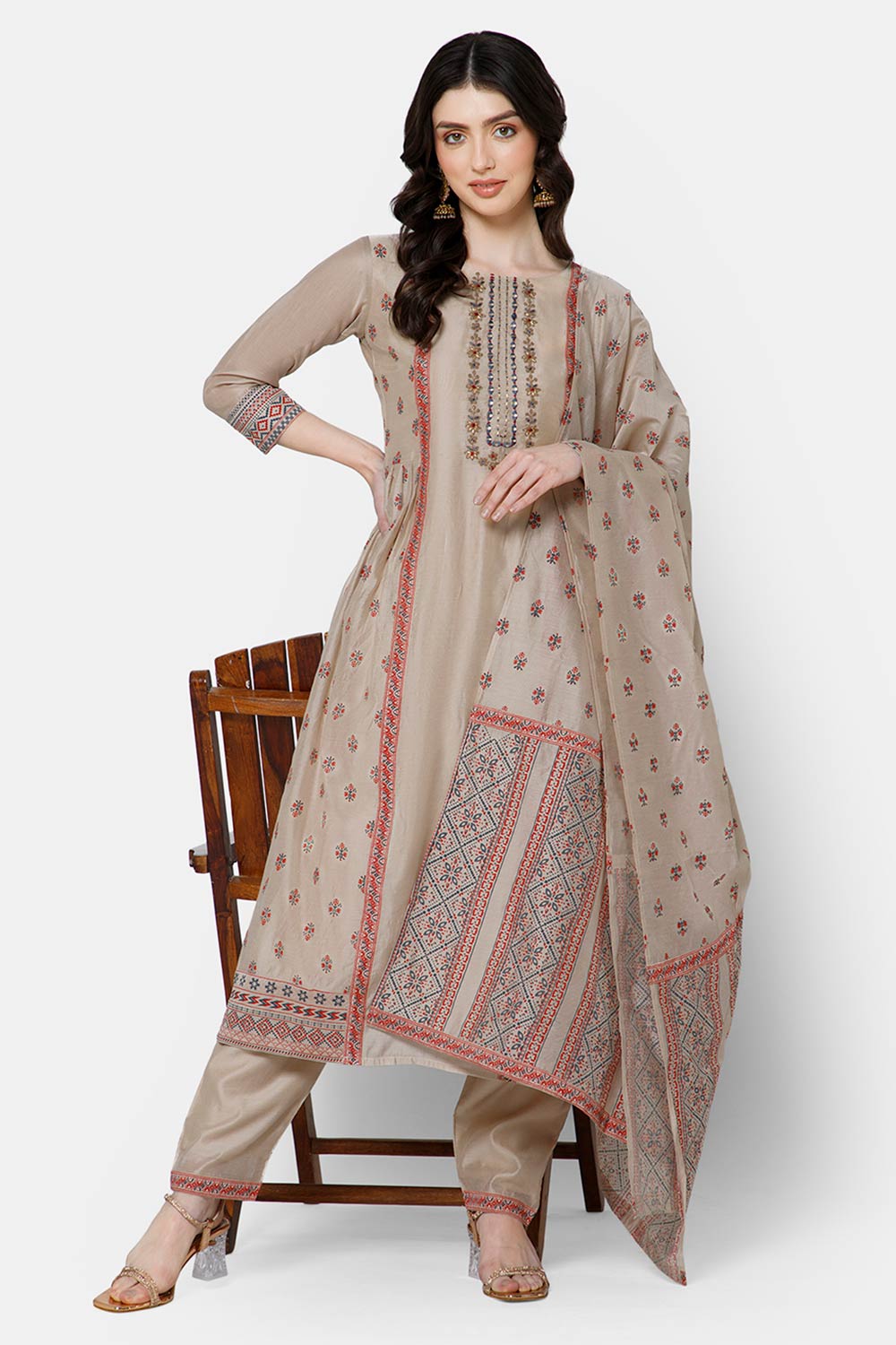 Mythri Panelled anarkali set with round neck and 3/4th sleeves  - Fawn - E001