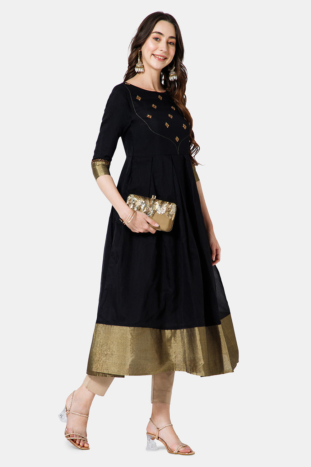 Mythri Women's Ethnic Wear Round Neck Anarkali dress with 3/4 sleeve - Black - KU49