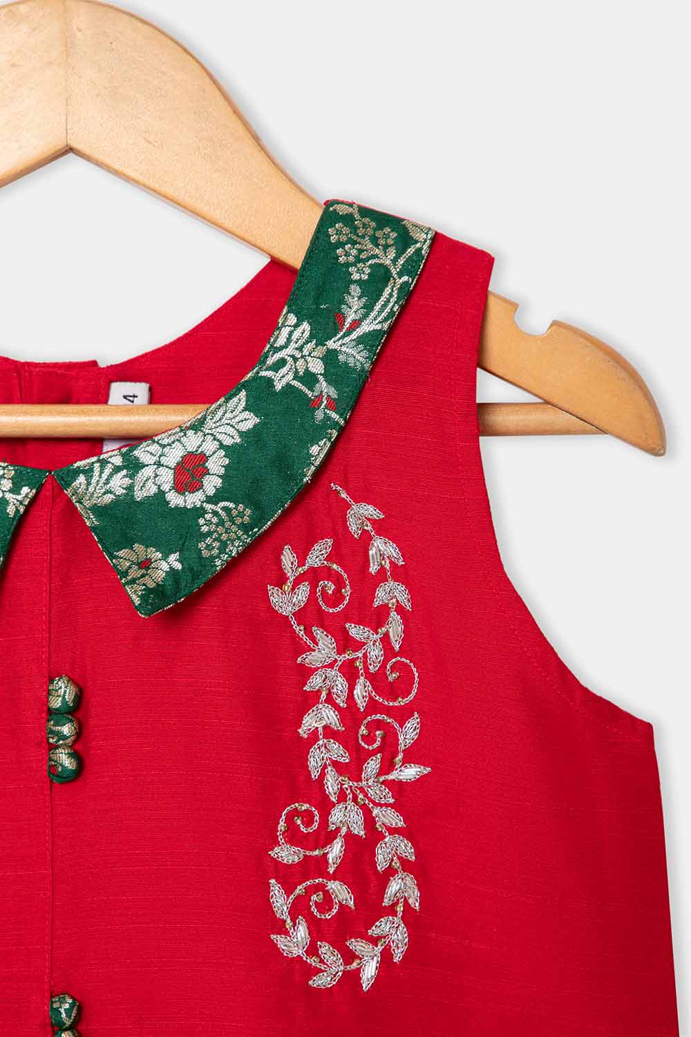 Chittythalli Girls Pavadai Set – Cotton Blouse with Brocade Collar & Zari Embroidery, Box Pleated Skirt - Red - PS80