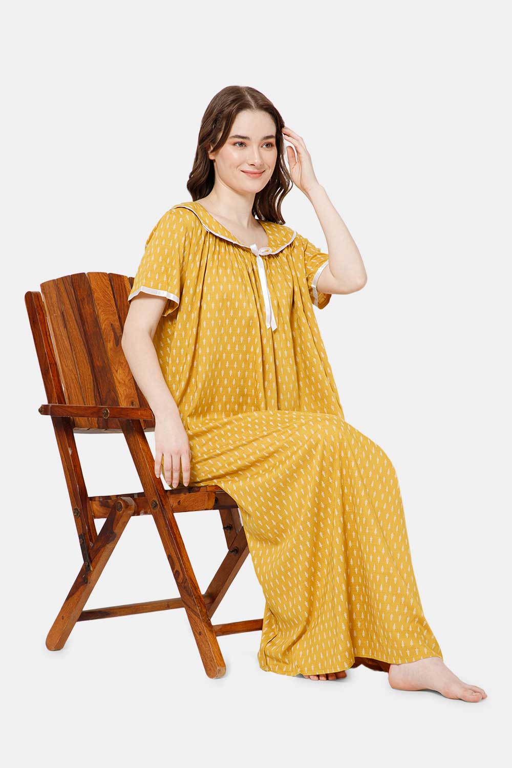 Naidu Hall Detailed Lace Nighty with Peter Pan Collar Neck - Yellow - NT38