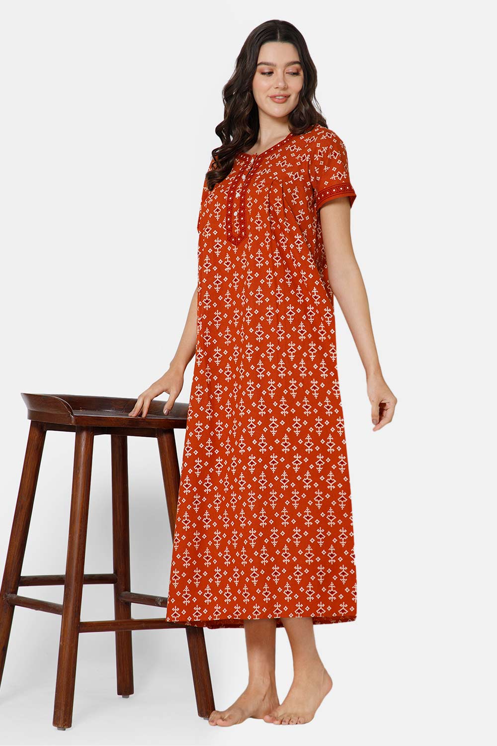 Naidu Hall A-line Front Open Women's Nighty Full Length Half Sleeve  - Orange - R135