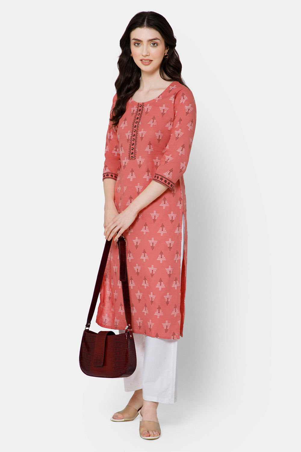 Mythri Women's Casual Kurthi with Patchwork And Minimalistic Embroidery - Peach - E029