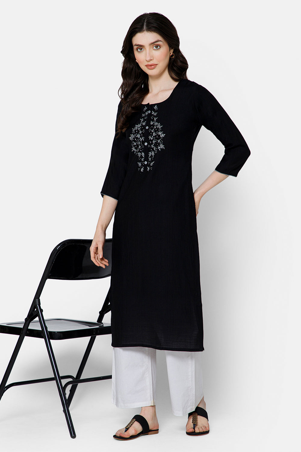 Mythri Women's Straight kurthi with Round neck and 3/4 sleeves - Black - E052