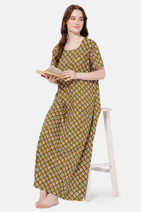Naidu Hall Printed  Nighty with Square Round Neck - Green - NT36