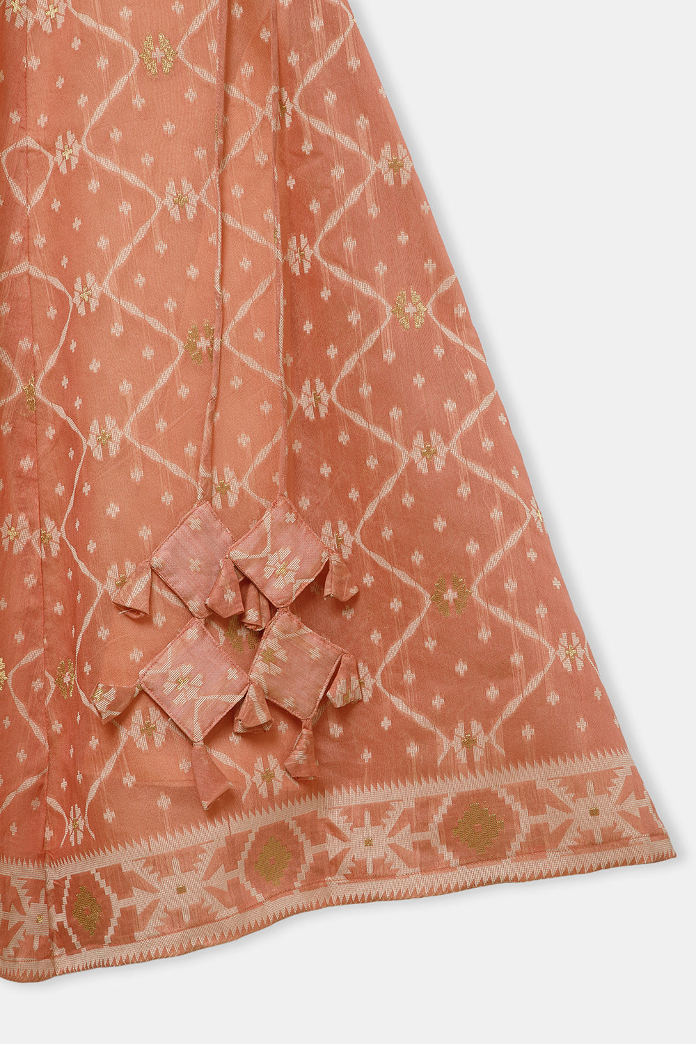 Chittythalli Girls’ Ethnic Pavadai Set – Chanderi Jamdani Peplum Top with Criss-Cross Cording & Kali Skirt | Traditional Festive Wear for Girls - PS91