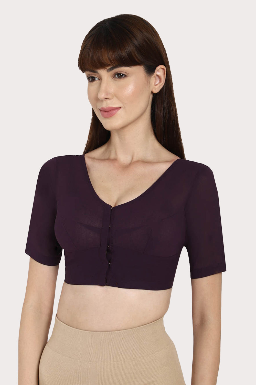 Naidu Hall Full Coverage Non-Wired Non-Padded Round Neck Long Sleeve Cotton Blouse - Dark Wine