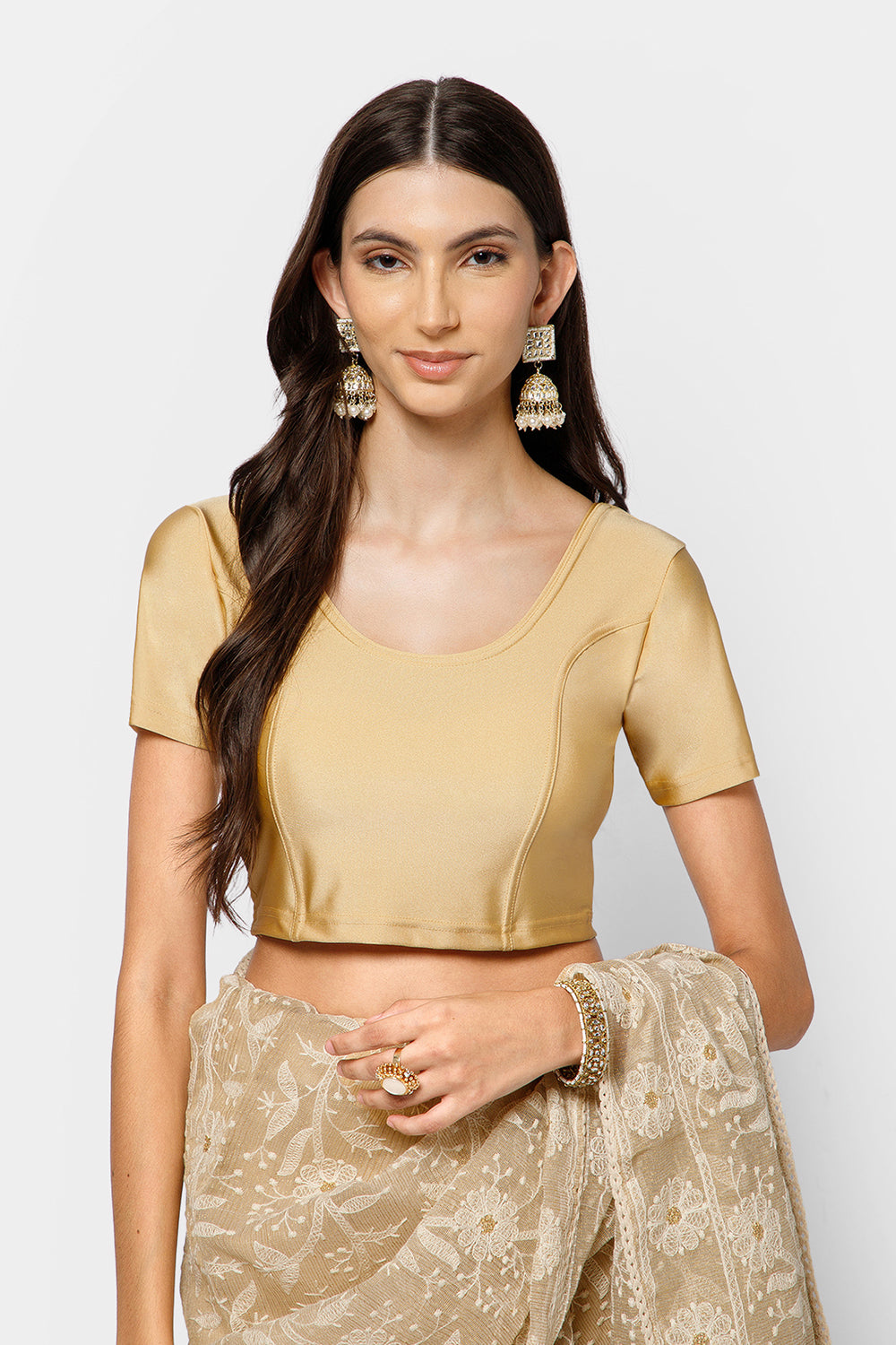 Naidu Hall Women’s Shimmer Knitted Saree Blouse | Silk Blend Round Neck Short Sleeve Ready to Wear Blouse | Regular Fit Solid Stretch Blouse for Sarees - Dark Cream Shimmer