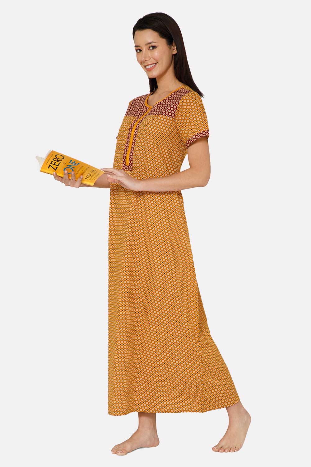Naidu Hall A-line Front Open Women's Nighty Full Length Half Sleeve - Mustard- R125
