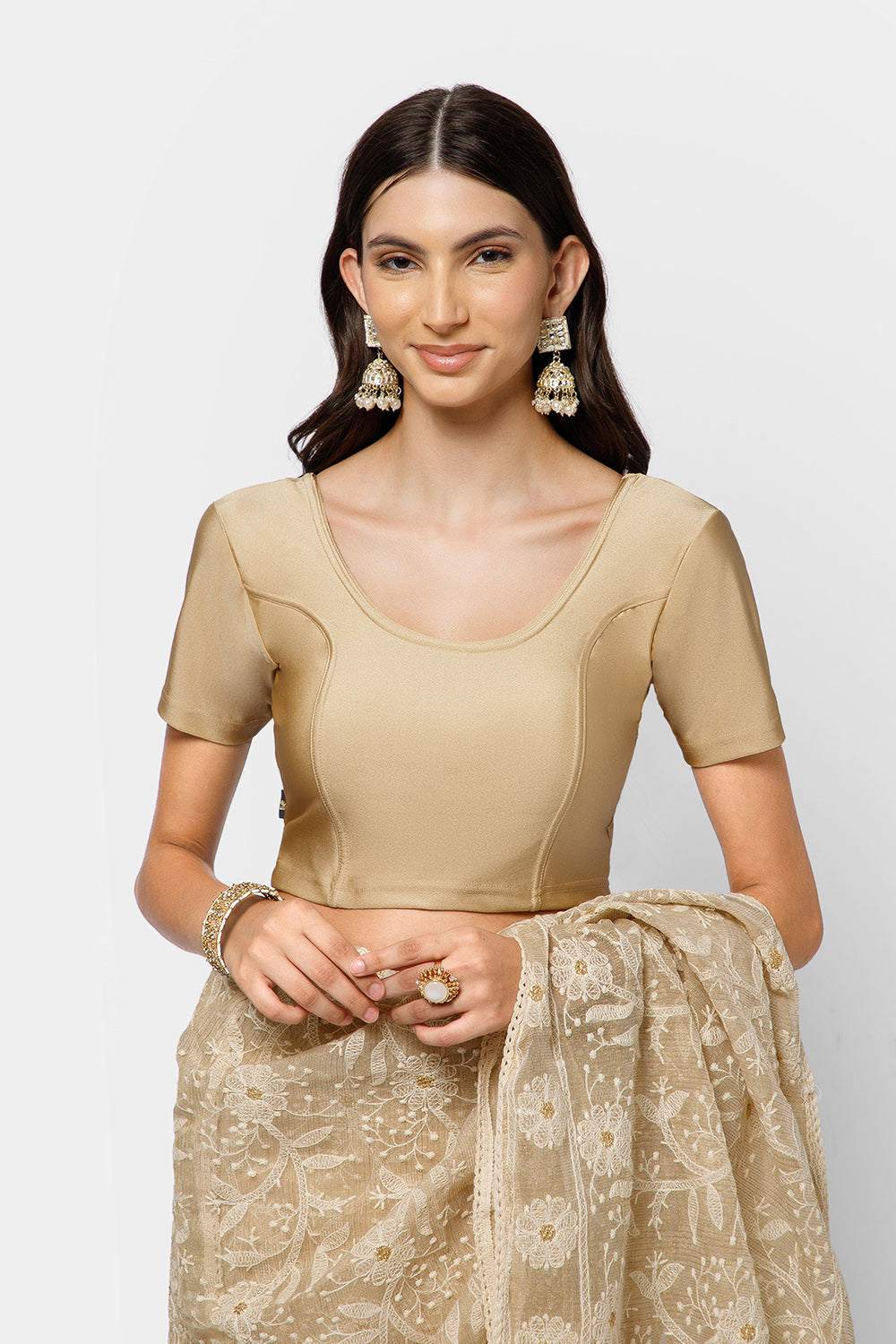 Naidu Hall Women’s Shimmer Knitted Saree Blouse | Silk Blend Round Neck Short Sleeve Ready to Wear Blouse | Regular Fit Solid Stretch Blouse for Sarees - Skin Shimmer