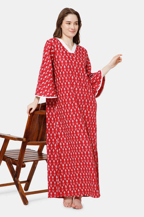 Naidu Hall V Neck Printed Nighty with Long Bell Sleeves - Red - NT40