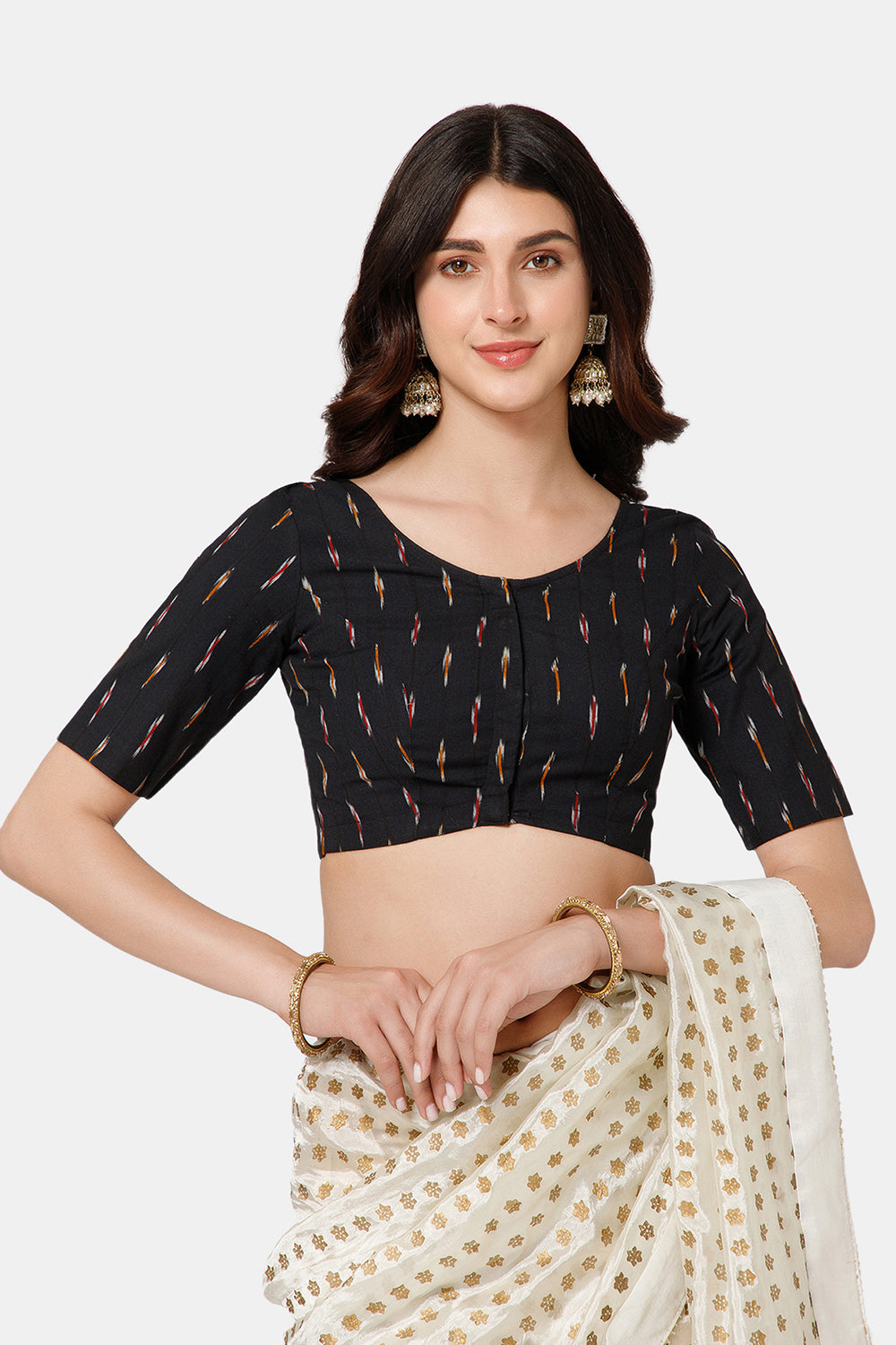 Naidu Hall Women’s Princess Cut Printed Readymade Saree Blouse U-Neck Front Open with Elbow Sleeves & Princess Cut | Elegant Everyday & Ethnic Wear - BU17