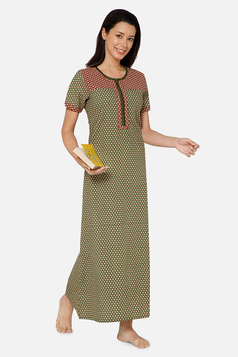 Naidu Hall A-line Front Open Women's Nighty Full Length Half Sleeve  - Green - R125