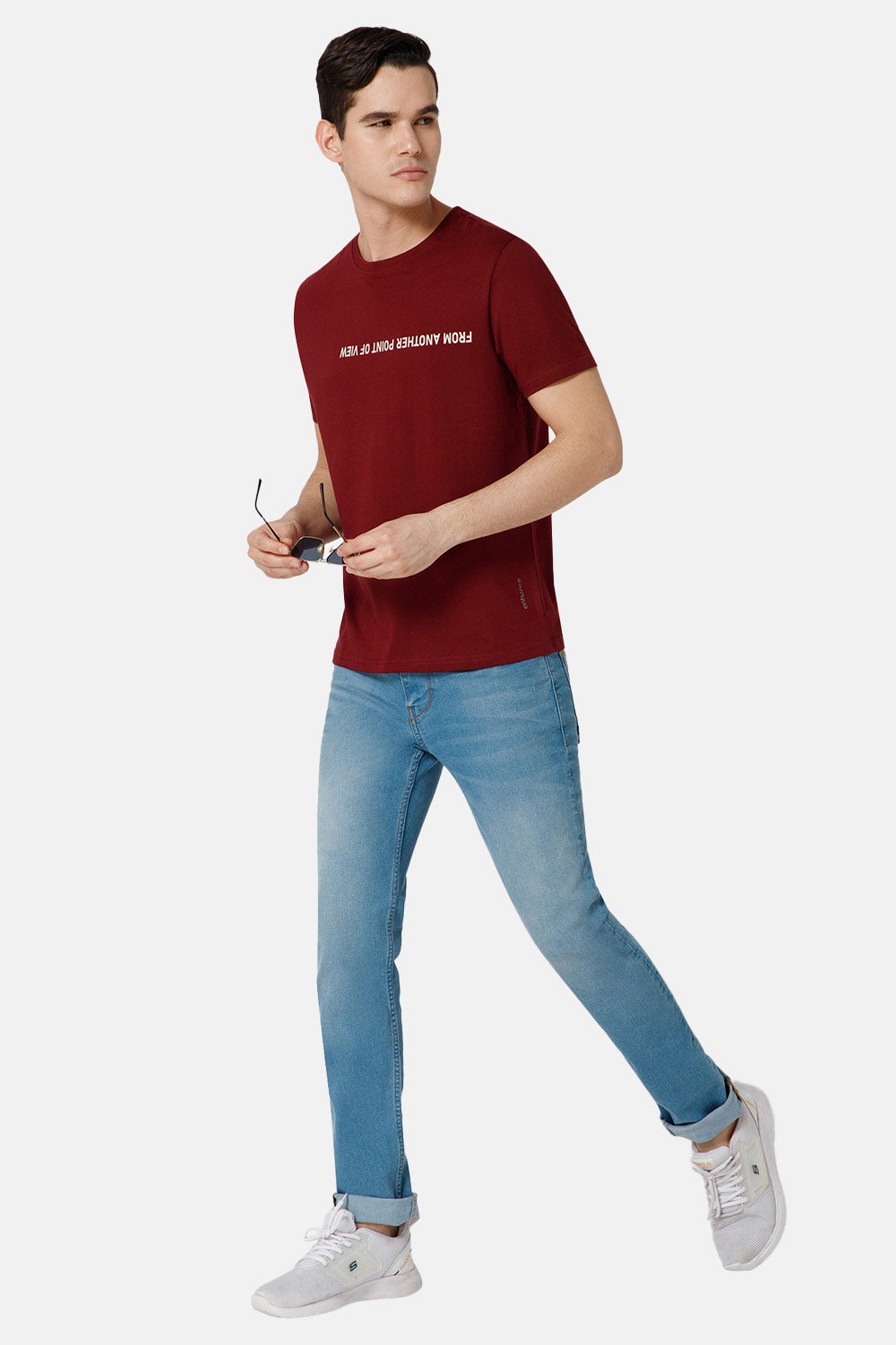 Enhance Printed Crew Neck Men's Casual T-Shirts - Wine - TS28