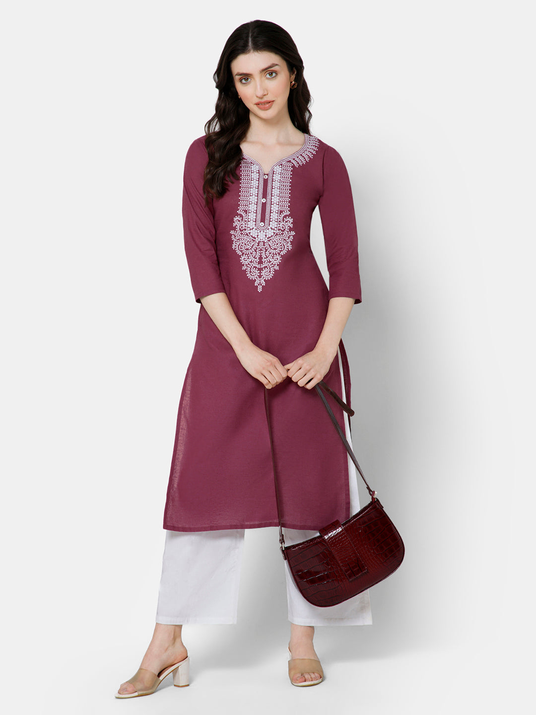 Mythri Women's Casual Kurthi with Elaborately Embroidered Neckline - Mauve - E026