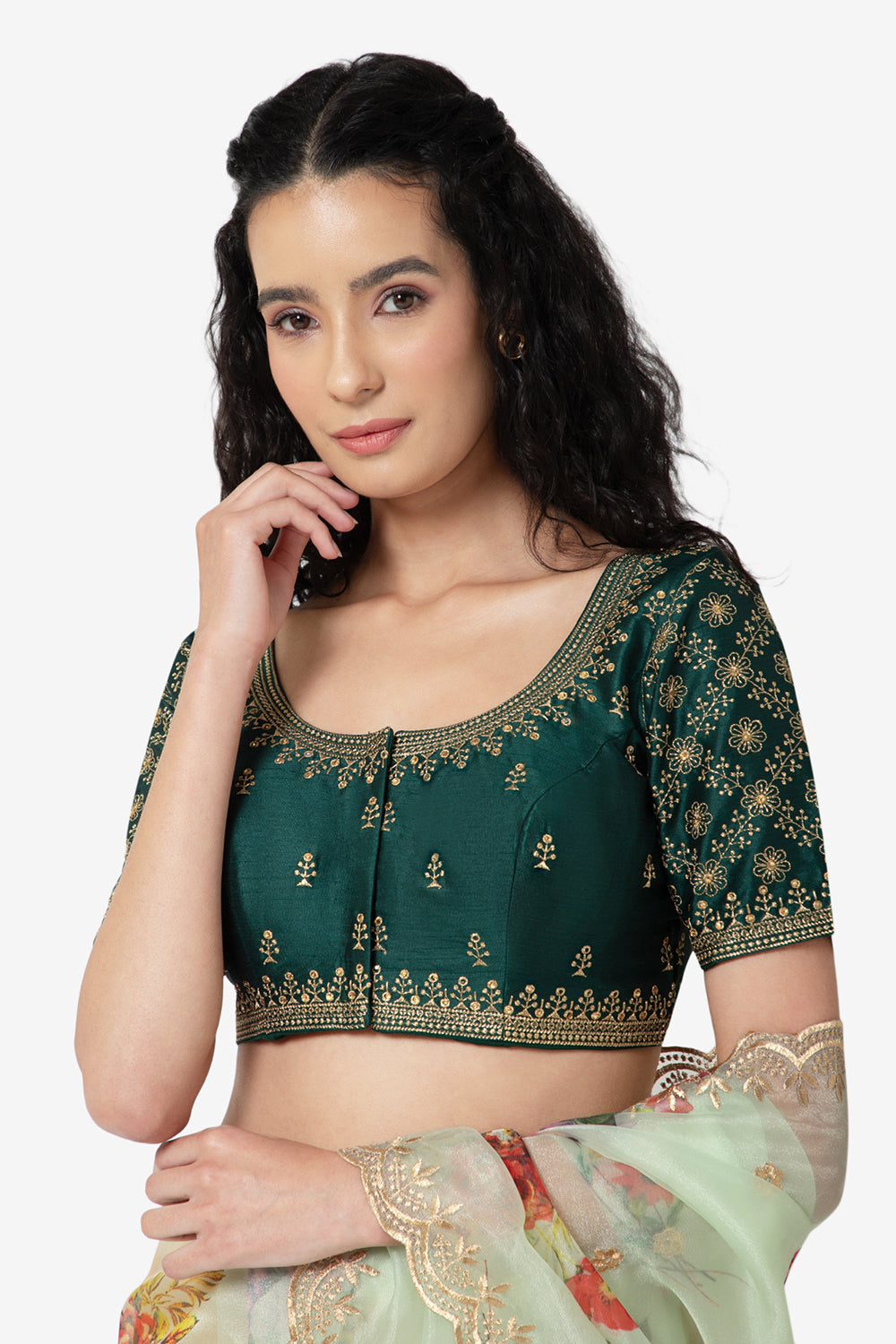 Naidu Hall Ethnic Saree Blouse with Round Neck Elbow Sleeves - Bottle Green