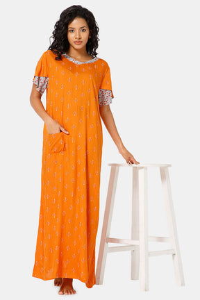 Naidu Hall  V Neck Ruffle Sleeve Printed Nighty-Orange - NT45