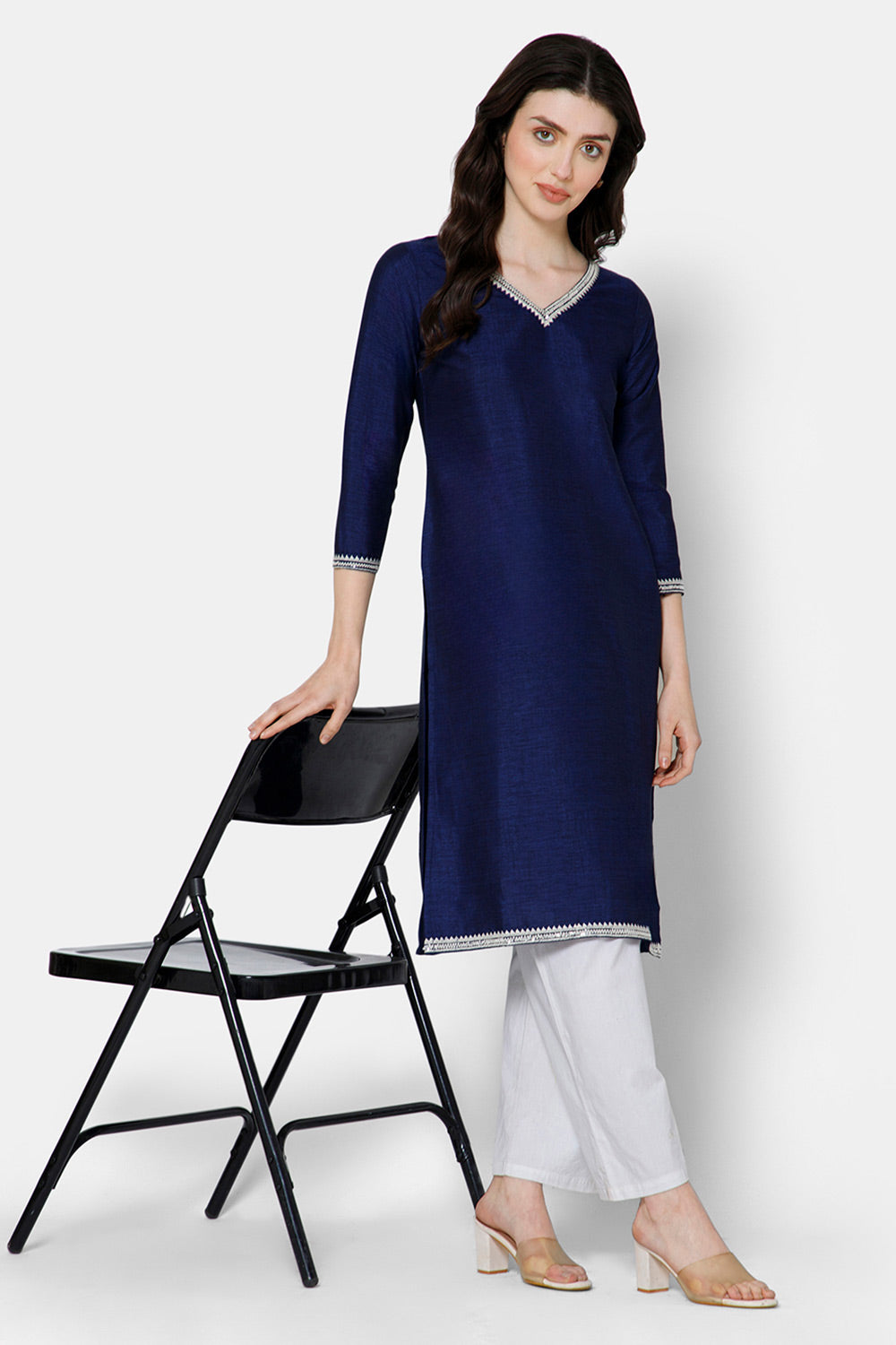 Mythri Women's Casual Kurthi with Minimalistic Embroidery At The Neckline - Blue - E075