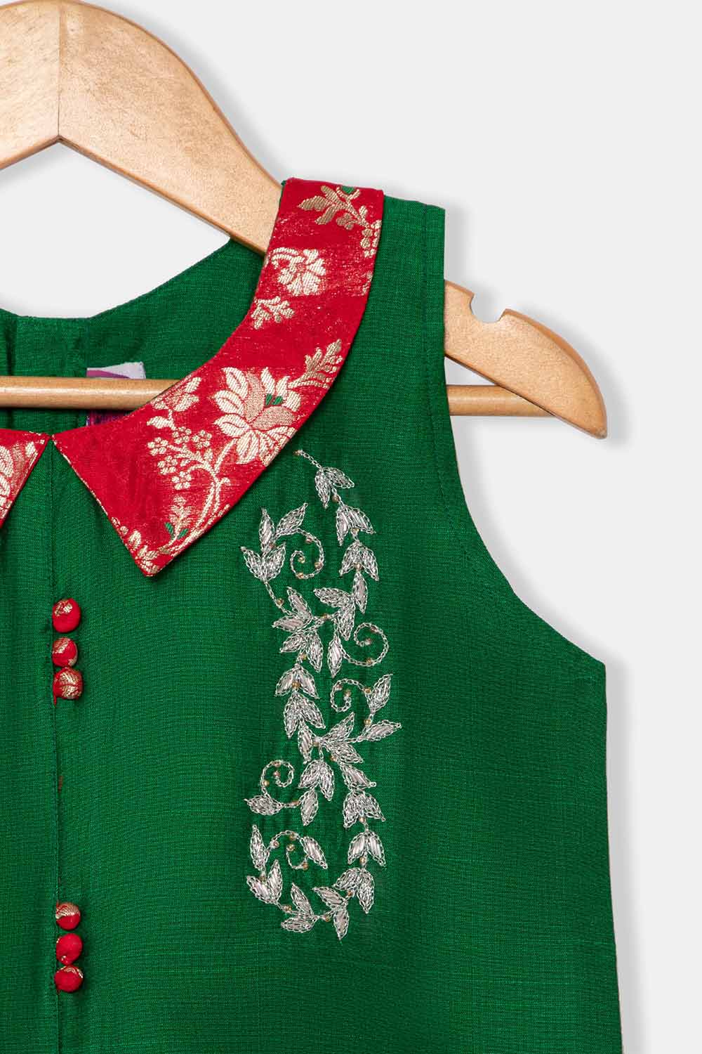 Chittythalli Girls Pavadai Set – Cotton Blouse with Brocade Collar & Zari Embroidery, Box Pleated Skirt - Green  - PS80