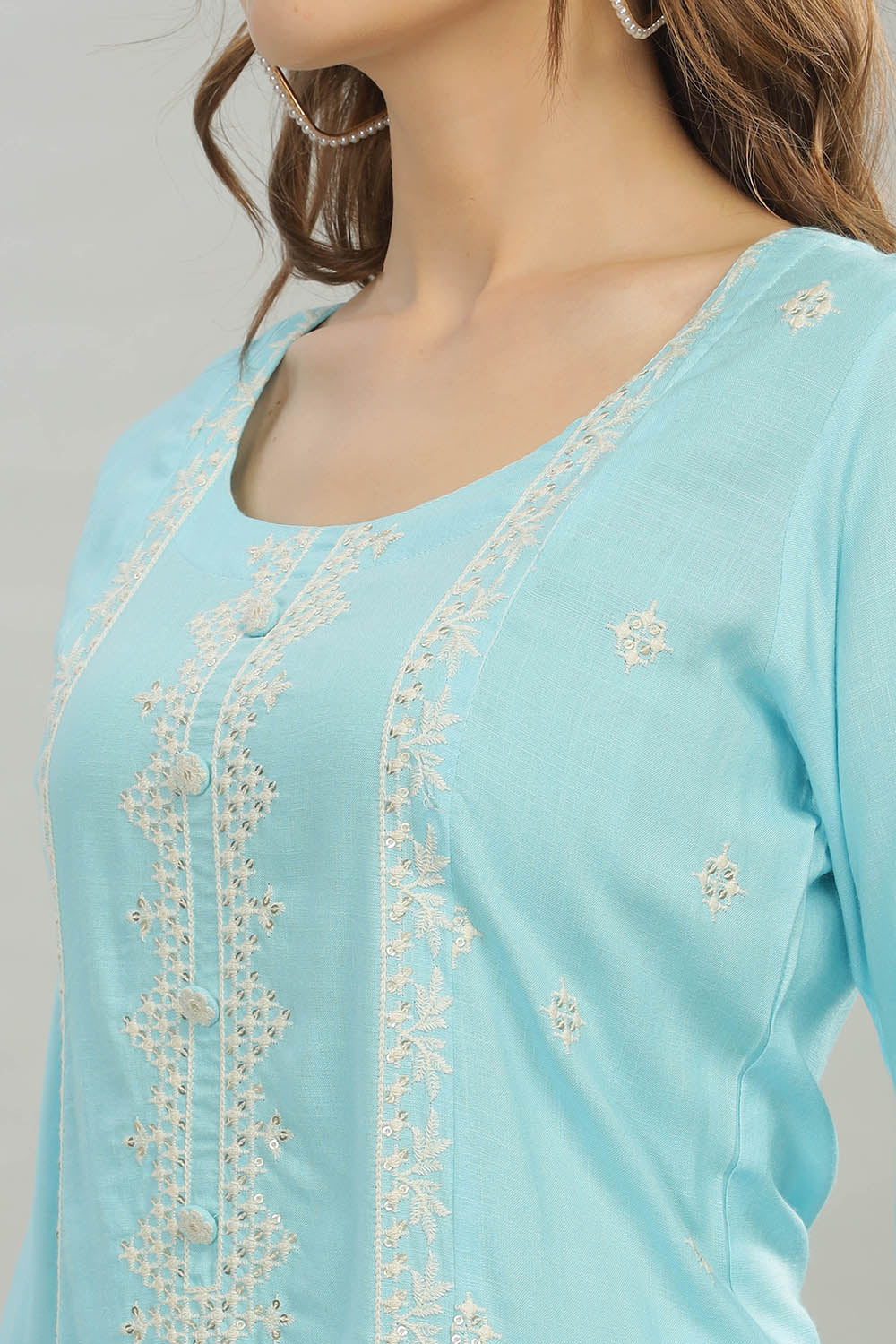 Mythri Round Neck Straight Cut Kurta with 3/4 Sleeves - Light Blue - KU41