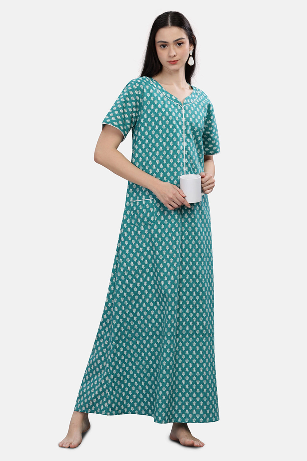 Naidu Hall  Round Neck Short Sleeve Printed Nighty - Green - NT71