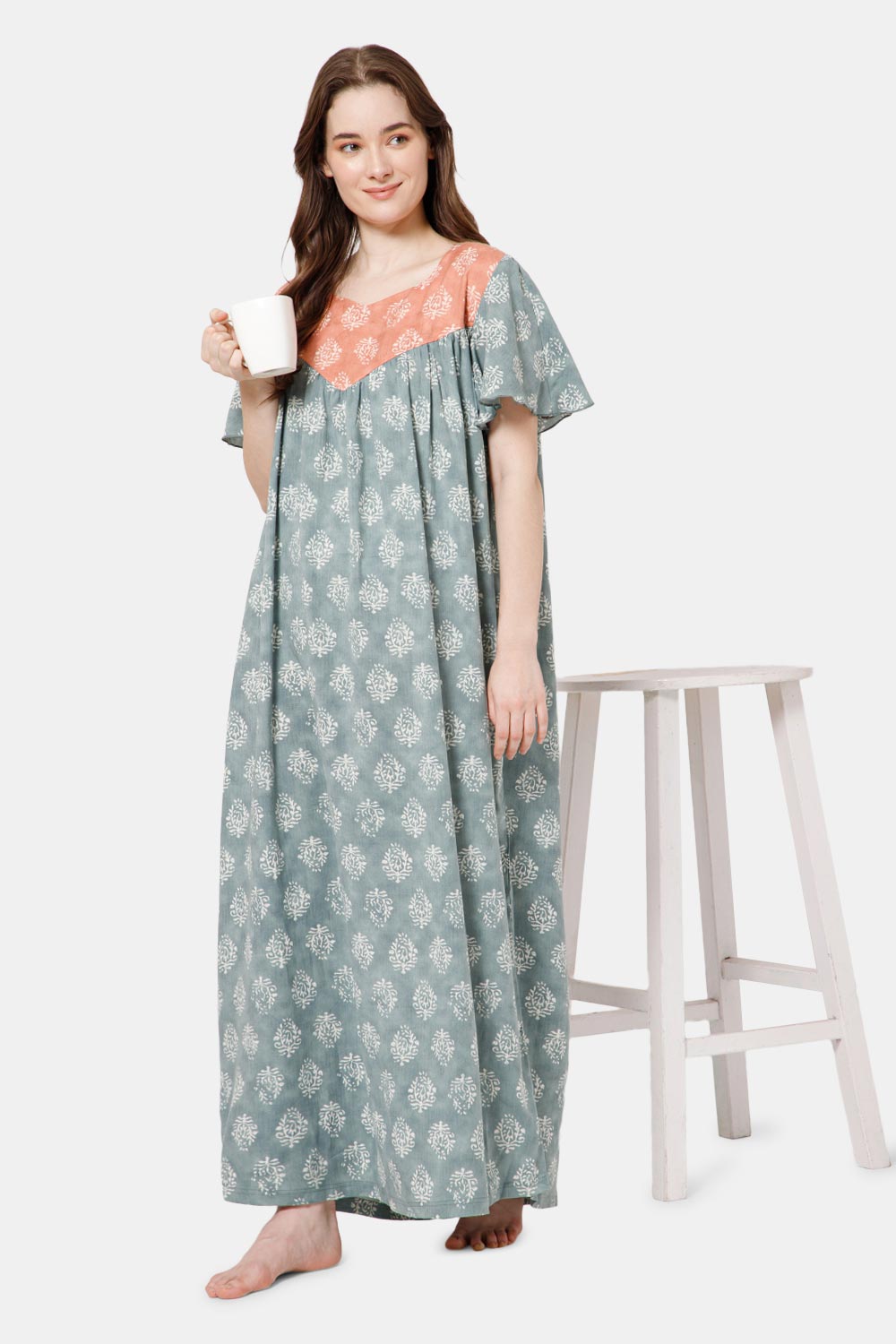 Naidu Hall All Over Printed Nighty with Butterfly Sleeves Diamond Neck - Green - NT37