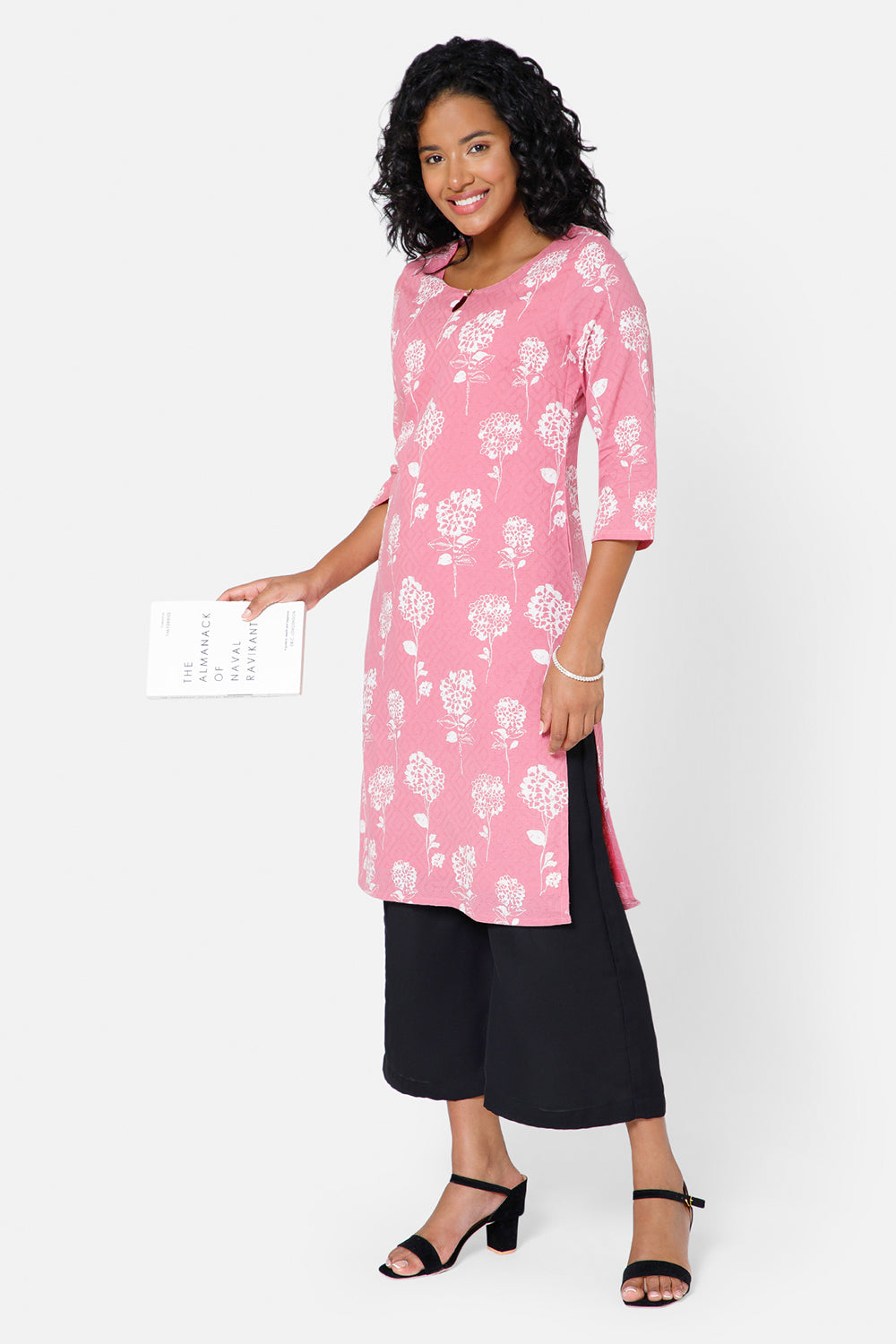 Mythri Women's Casual Kurthi with Round Neck 3/4th Sleeves - Pink - KU34