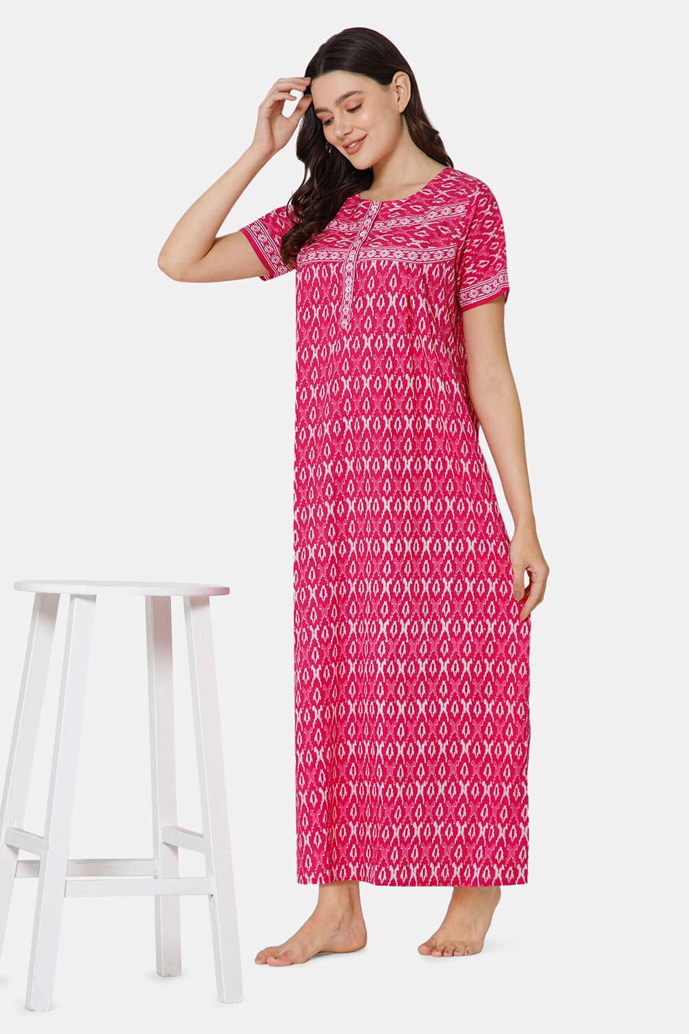 Naidu Hall A-line Front Open Women's Nighty Full Length Half Sleeve  - Pink - R131