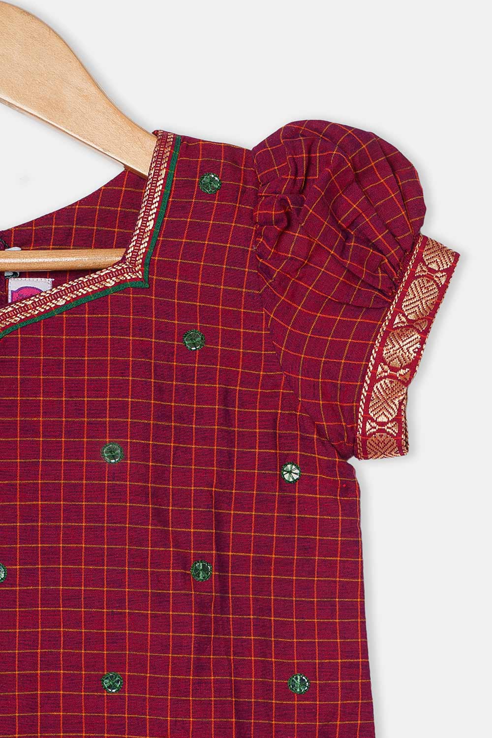 Chittythalli Girls Pavadai Set Cotton Ethnic Wear Mirror Work Puff Sleeve Top with Box Pleated Skirt- Maroon - PS88
