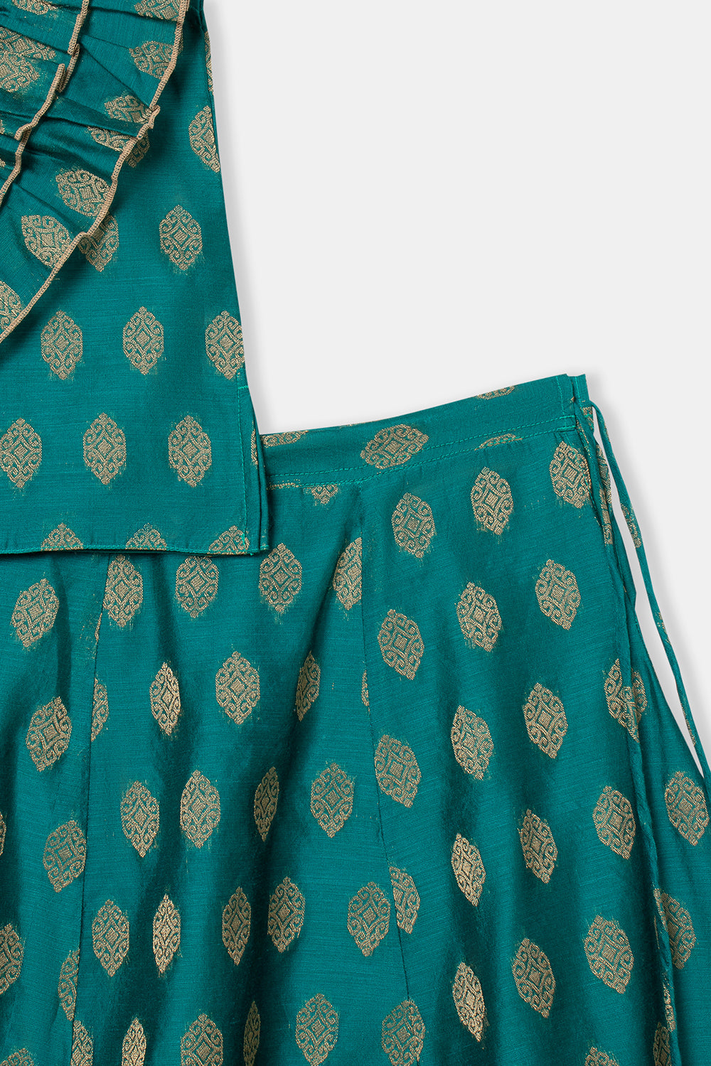 Chittythalli Girls Pavadai Set with Two-Layer Ruffle Top & Tassel-Detail Kali Skirt - Teal Green - PS79