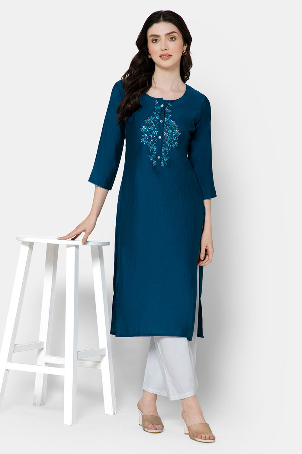 Mythri Women's Kurthi with Intricately Hand Embroidered Center Front - Blue - E053