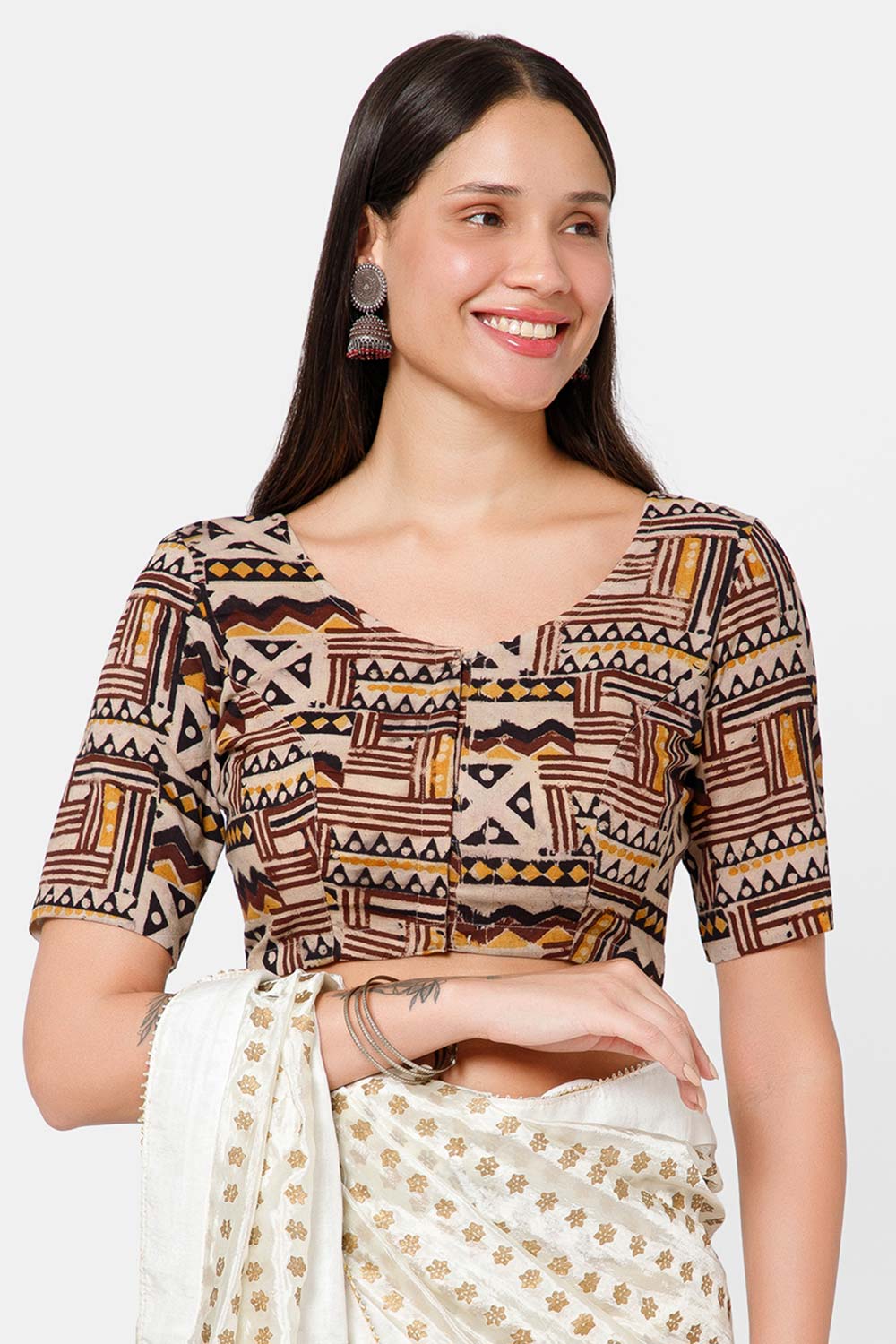 Naidu Hall Women’s Blouse Cotton Kalamkari Padded Front Open U Neck Princess Cut Elbow Sleeve Saree Blouse - Brown - BU17