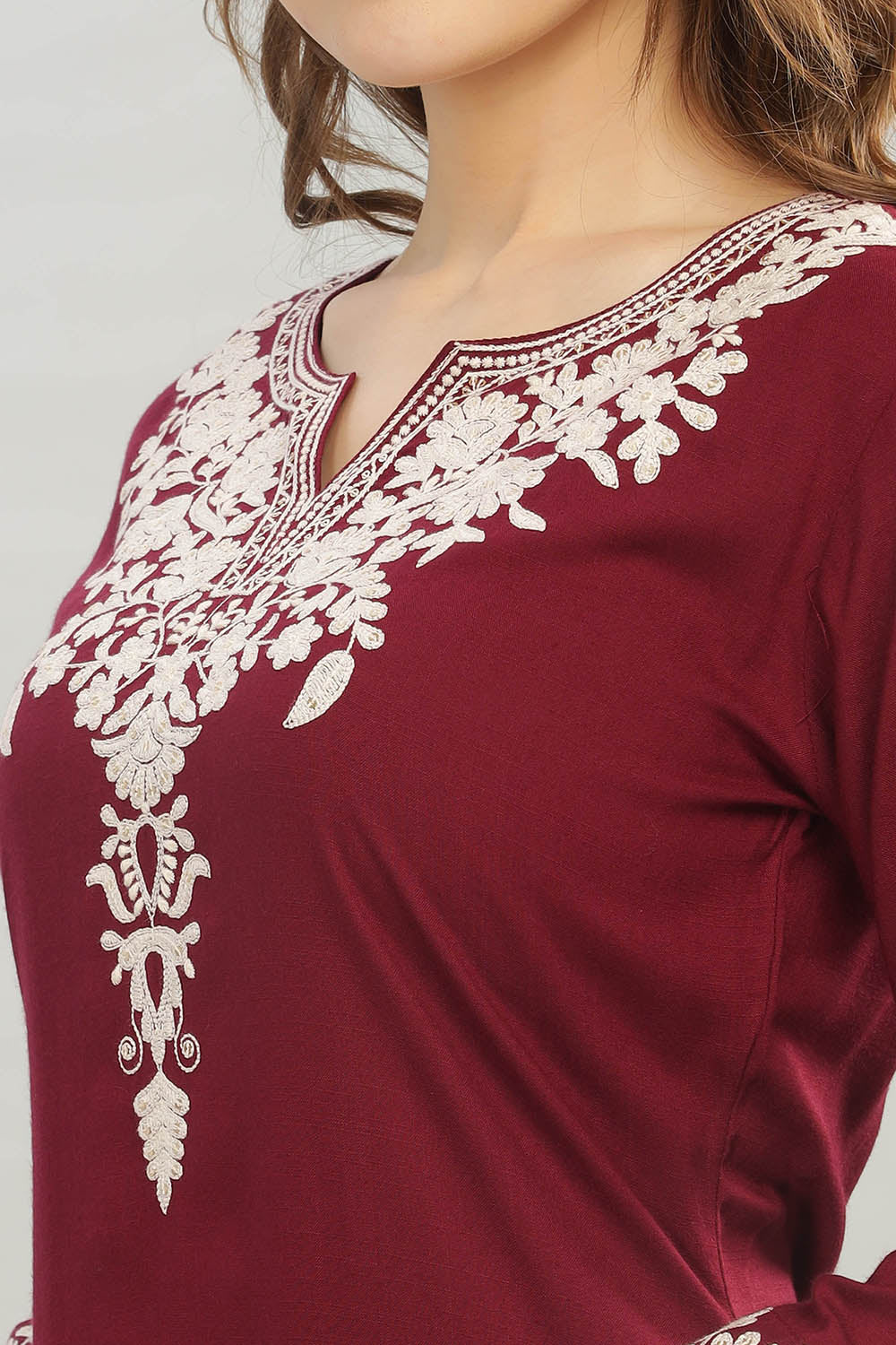 Mythri V Neck Straight Cut Kurta with 3/4 Sleeves - Maroon - KU45