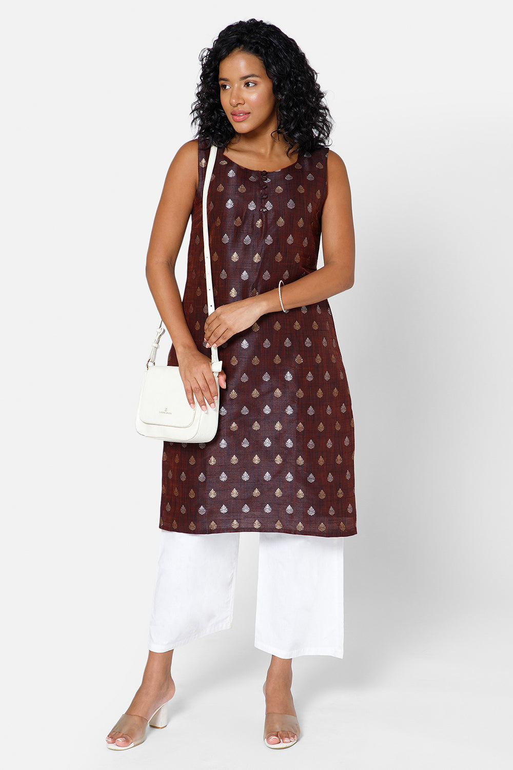 Mythri Women's Square Round Neck Sleeveless Casual Kurthi with Attachable Sleeves - Brown - KU33