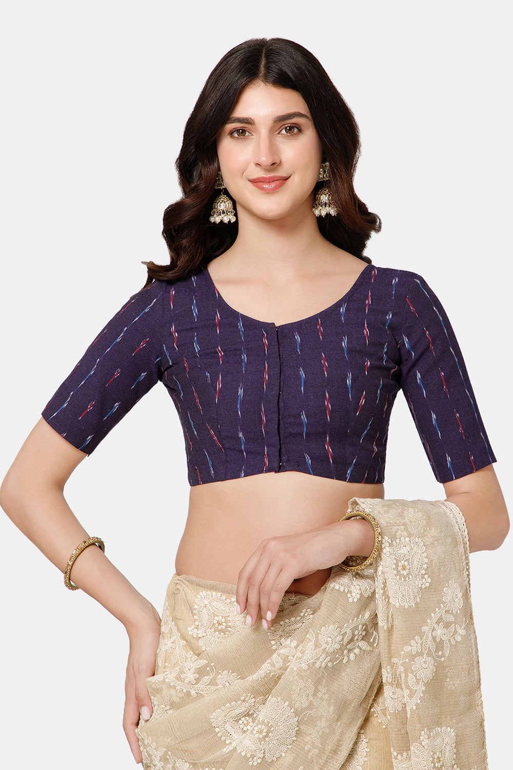 Naidu Hall Women’s Princess Cut Printed Readymade Saree Blouse U-Neck Front Open with Elbow Sleeves & Princess Cut | Elegant Everyday & Ethnic Wear - BU17